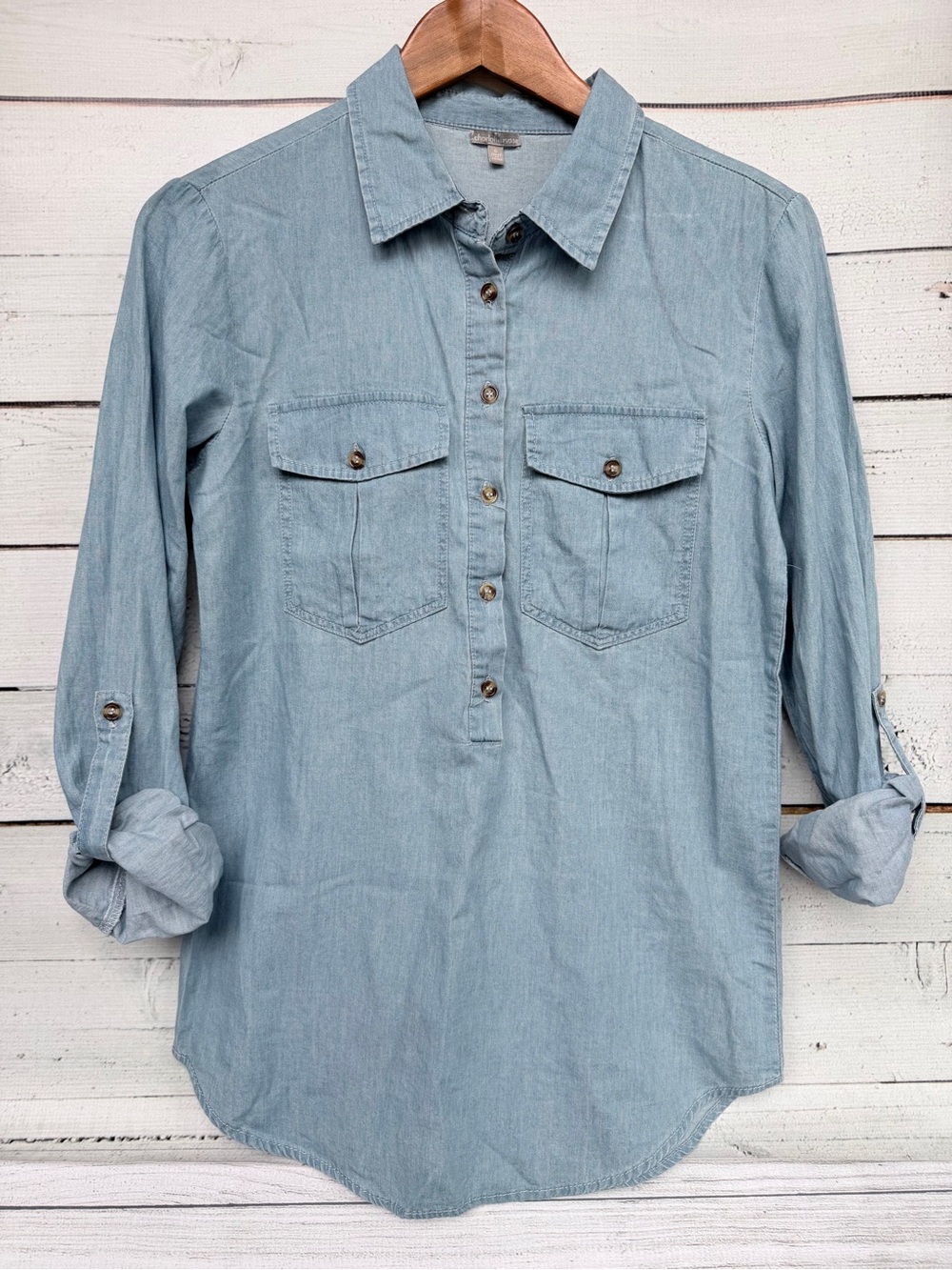 Charlotte Russe Roll Tab Sleeve Button Front Chambray Shirt - Size Small